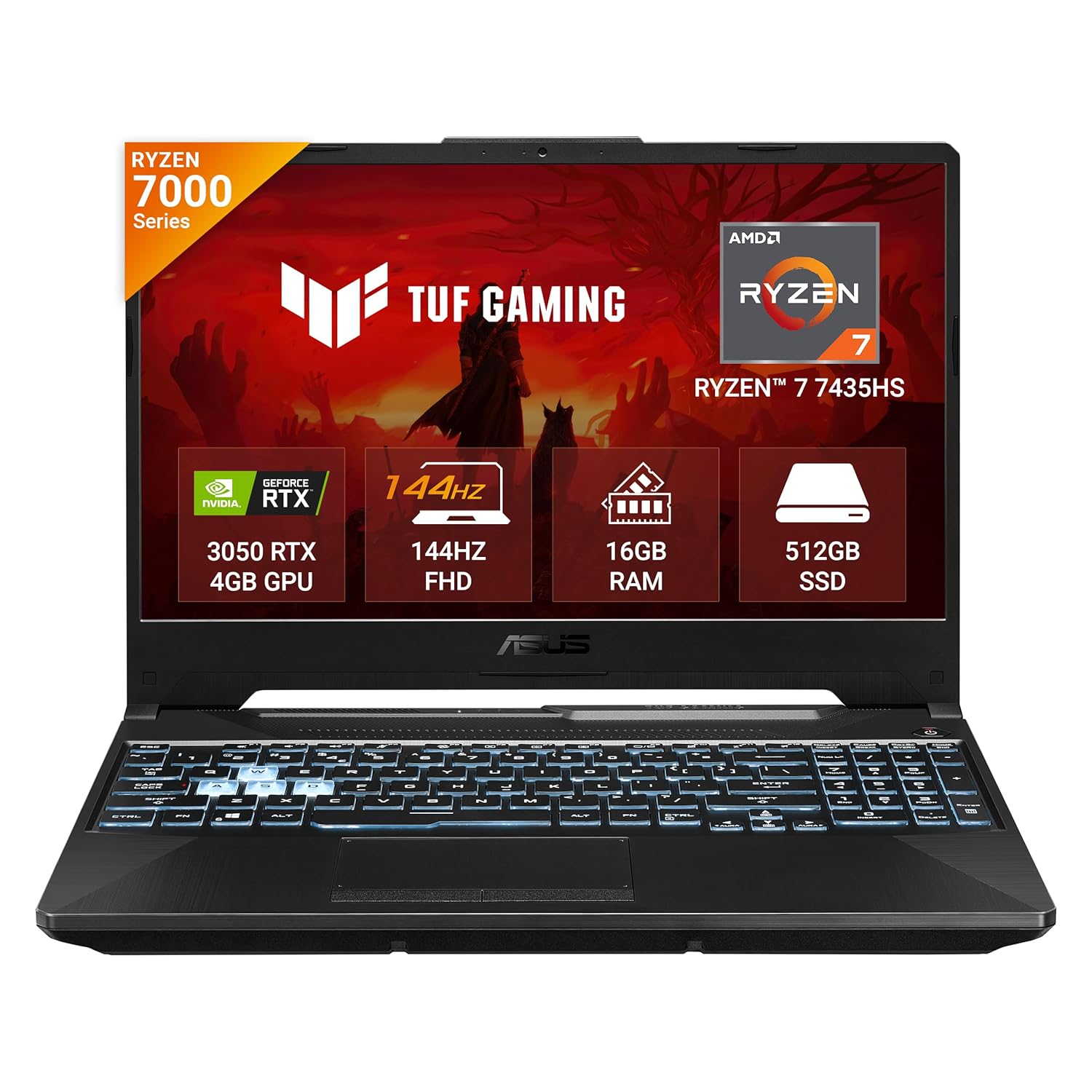 ASUS TUF Gaming A15, AMD Ryzen 7 7435HS Gaming Laptop(NVIDIA RTX 3050-4GB/60W TGP/16GB RAM/512GB SSD/FHD/15.6/144Hz/RGB KB/48WHr/Windows 11//Graphite Black/2.30 Kg) FA506NCR-HN054W