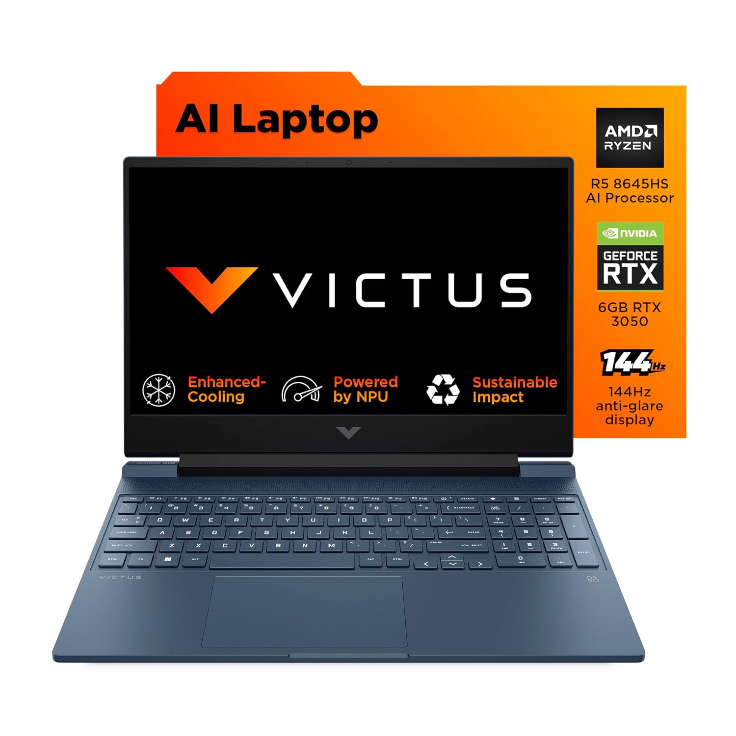 HP Victus, AMD Ryzen 5 8645HS, 6GB RTX 3050 Gaming Laptop (16GB DDR5, 512GB SSD),144Hz,300 nits,IPS, 15.6/39.6cm, FHD, Win11, Office 24, Blue, 2,29kg, Backlit Kb,HD Camera, fb3012AX