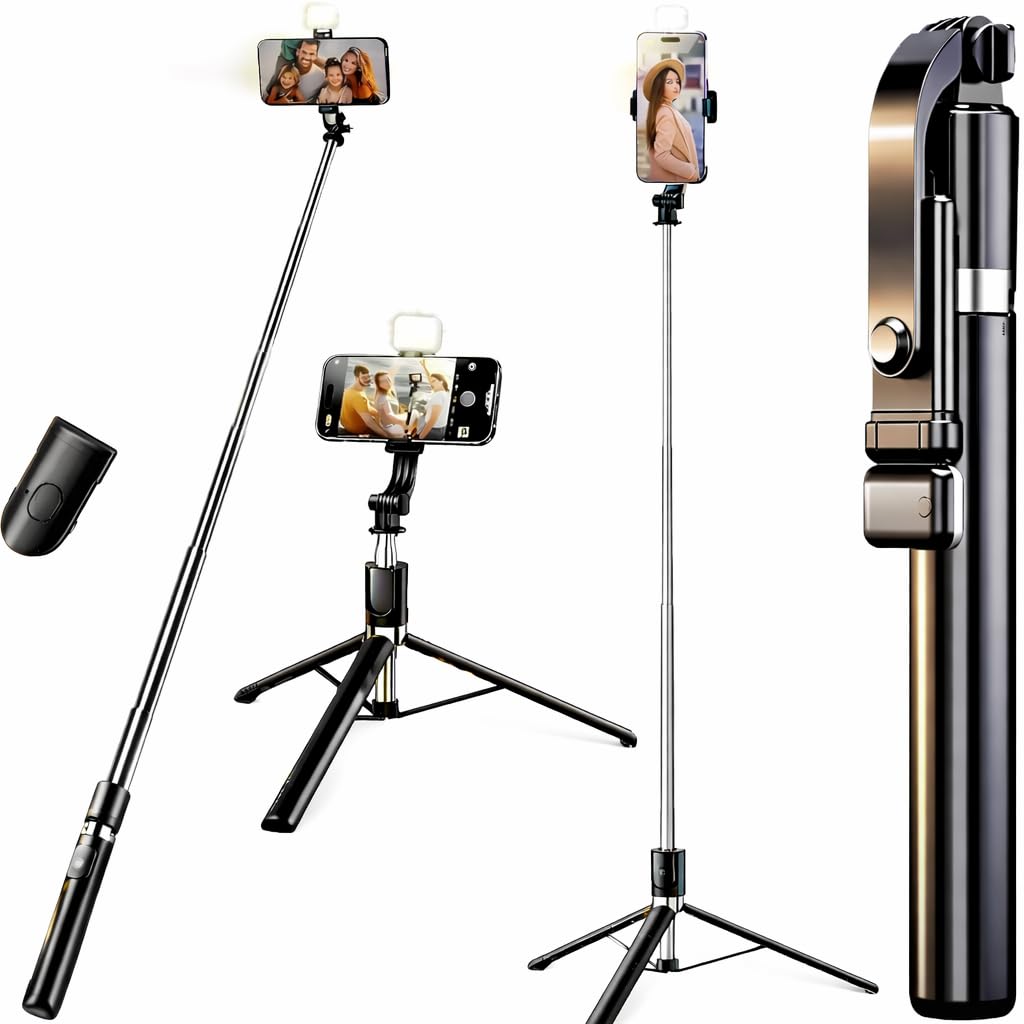 6FT Selfie Stick Tripod Stand with LED Light – 3-in-1 Phone Stand with Bluetooth Remote & Rechargeable Ring Light for Photos, Makeup, Vlogging, and Video Calls (6FT Stick with Light)