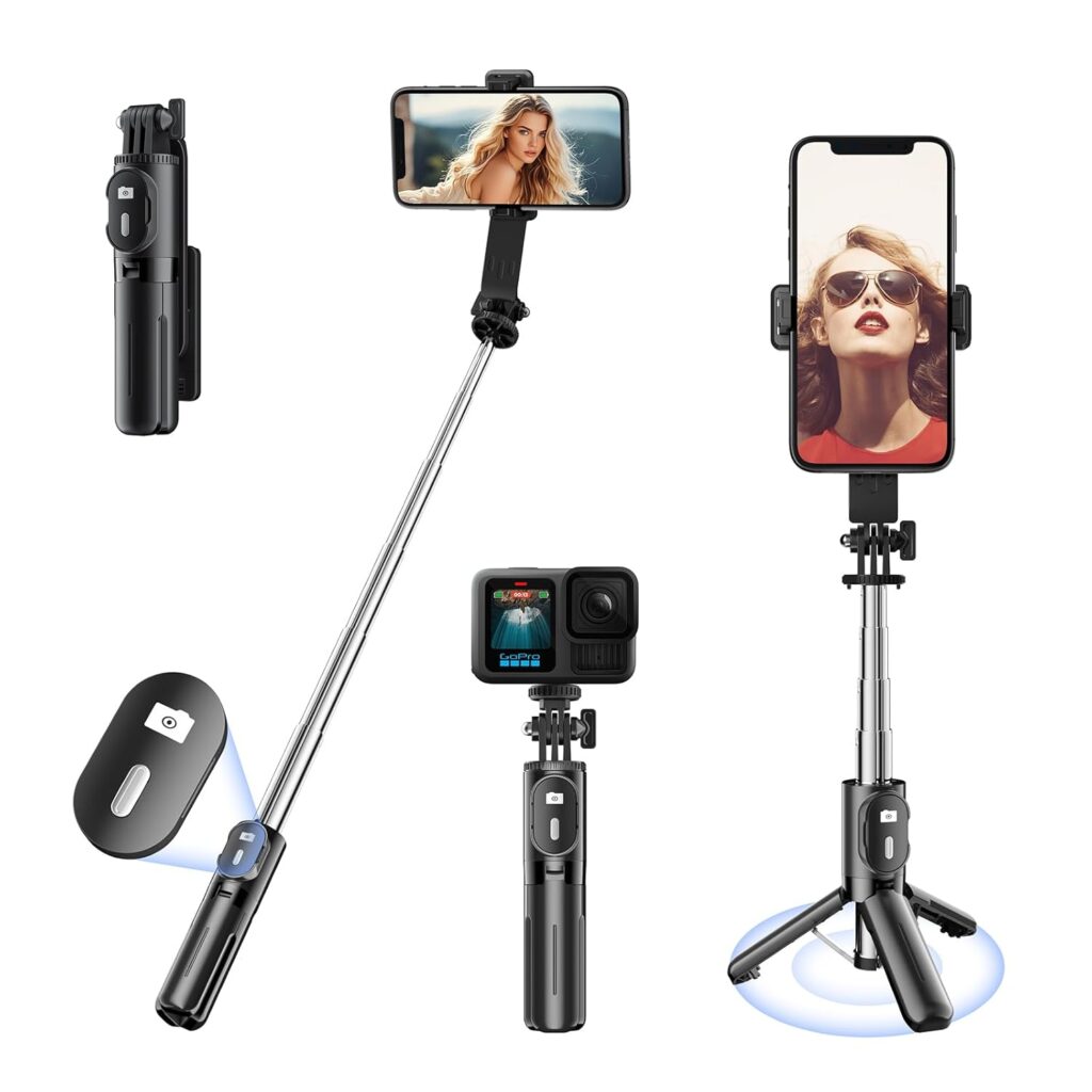 KINGONE Mini Selfie Stick Tripod, Extendable Phone Stand with Bluetooth Remote 71cm, Portable Tripod Selfie Stick for iPhone/Samsung/GoPro, Mobile Selfie Stick with Tripod Stand, Black
