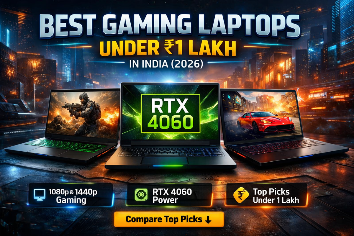 Best gaming laptops under ₹1 lakh in India showing RTX 4060- 5050 powered laptops for 1080p and 1440p gaming performance