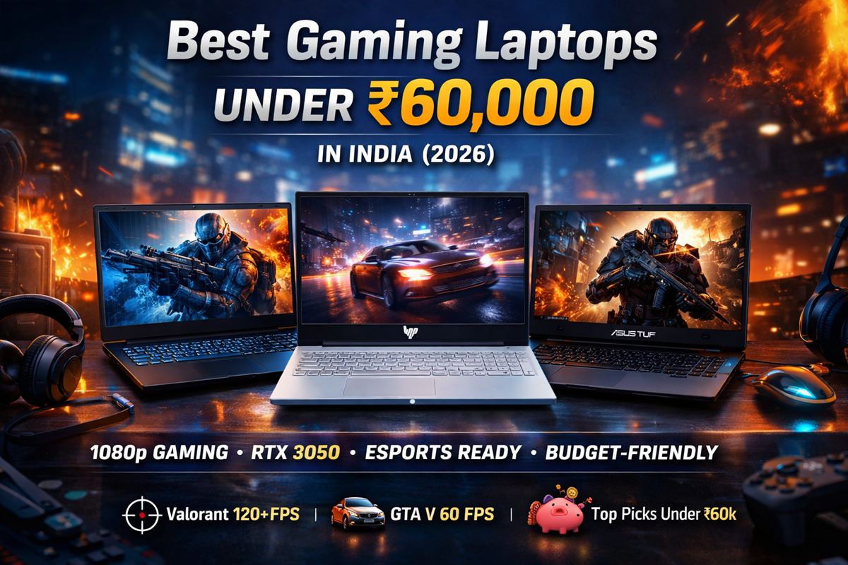 Top Gaming Laptops Under ₹60,000 in India (2026) Best gaming laptops under ₹60,000 in India 2026 featuring Lenovo LOQ, HP Victus, and ASUS TUF for 1080p gaming