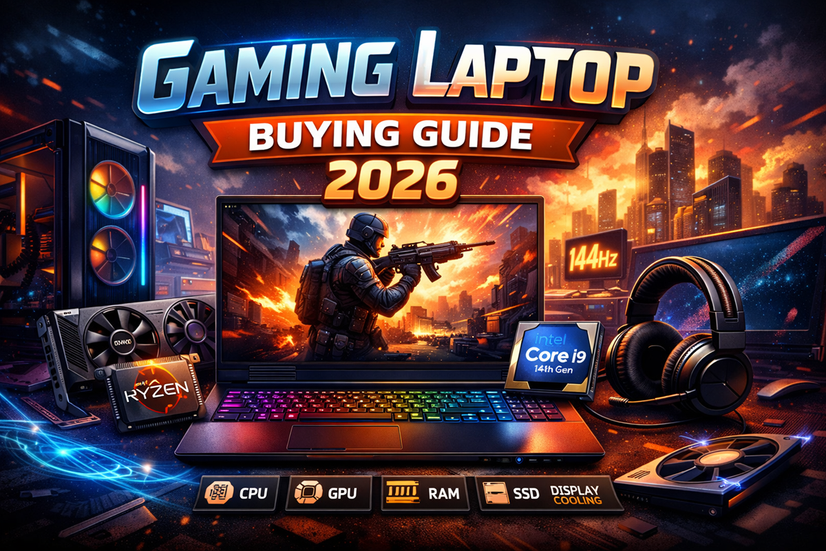 Gaming Laptop Buying Guide 2026 showing gaming laptop with RTX GPU, Ryzen and Intel processors, cooling system and hardware components