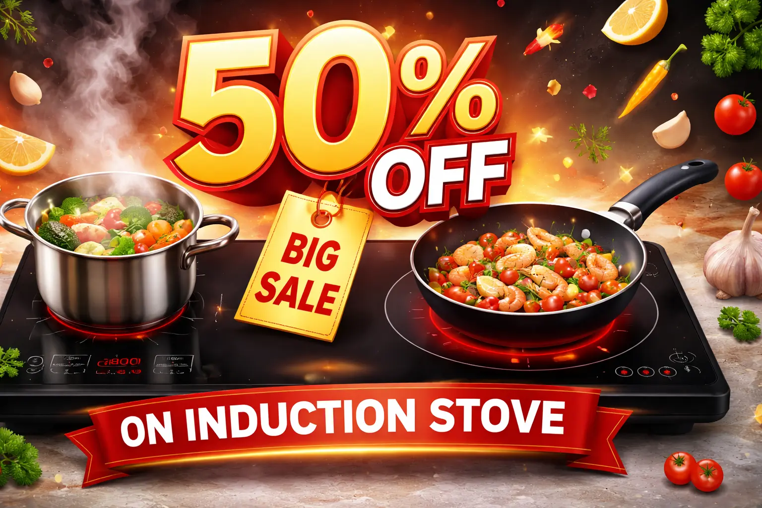 50% discount on induction stove with cooking pots and big sale banner