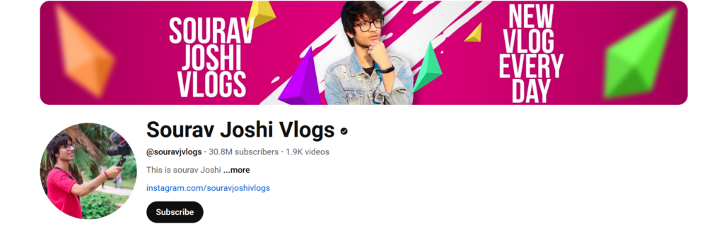 Sourav Joshi Vlogs YouTube Channel Banner that shows the number of subscriber (30.8M) and total numbers of videos uploaded (1.9k) with channel logo and a subscribe button as well.