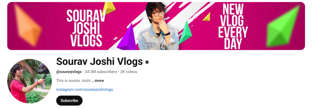 Sourav Joshi Vlog's YouTube Channel banner with Subscriber Count