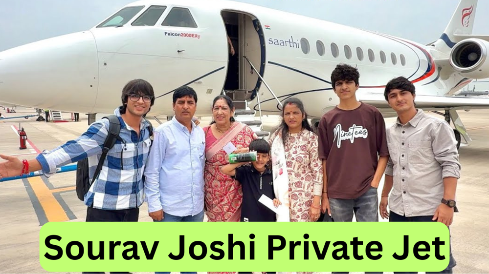 Sourav Joshi with his family standing next to his private jet, showcasing luxury travel and a successful lifestyle.
