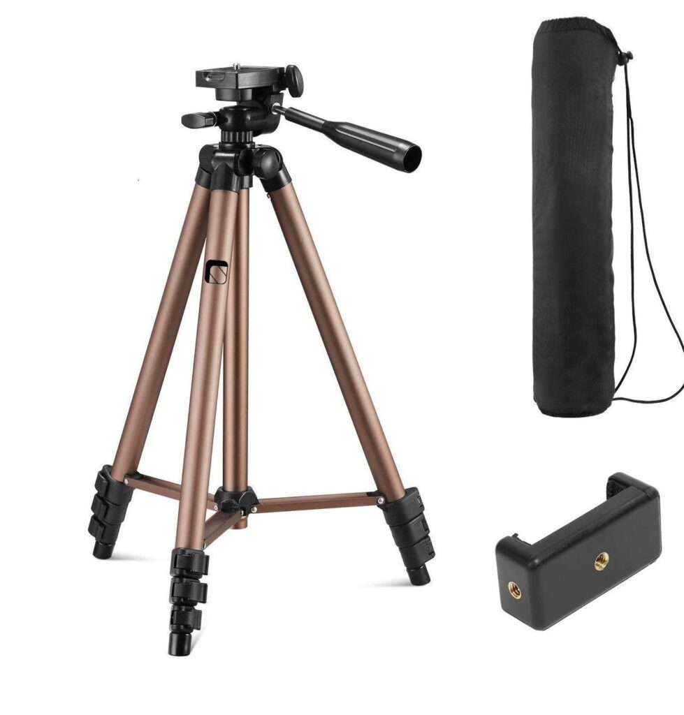 Aluminium lightweight tripod stand with 3-way pan head, mobile holder, and carry bag for cameras and smartphones (foldable, portable design)