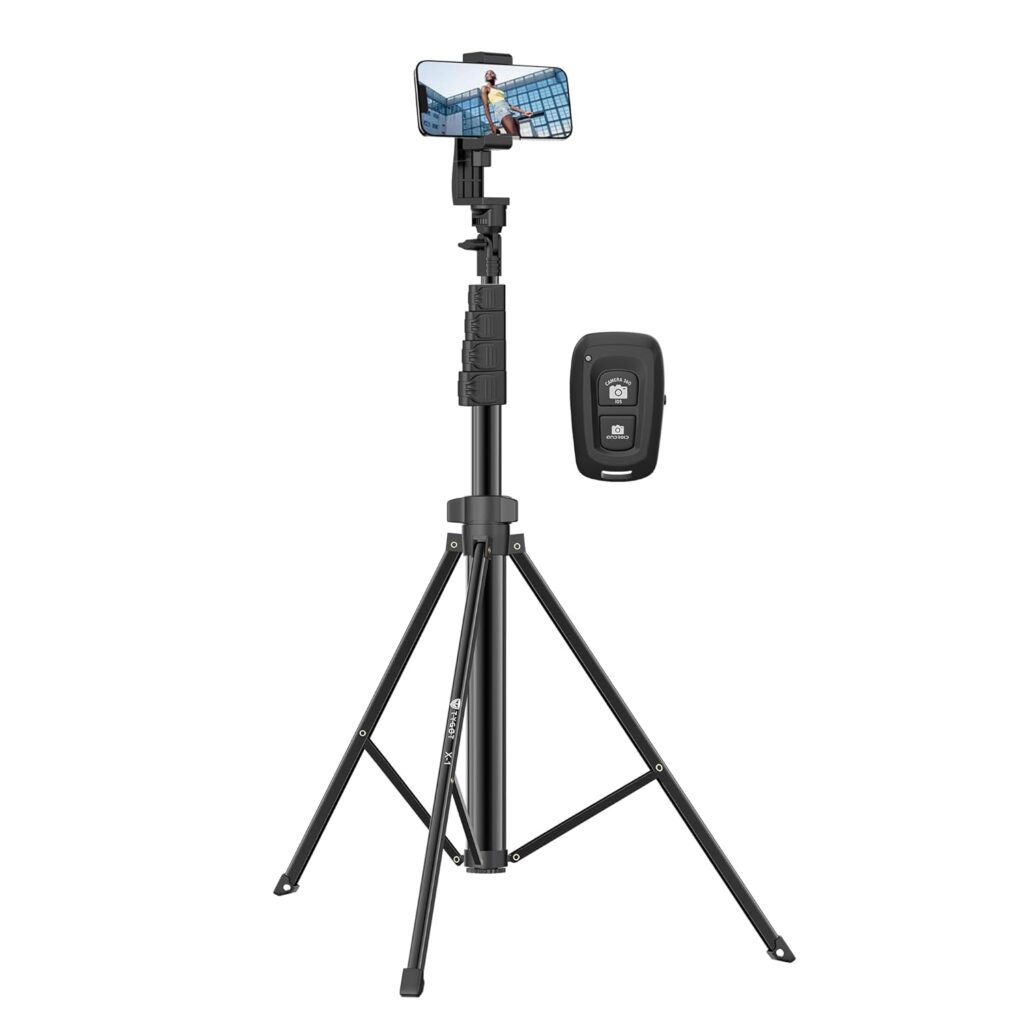 Extendable mobile tripod stand with smartphone holder and Bluetooth remote for vlogging and video recording