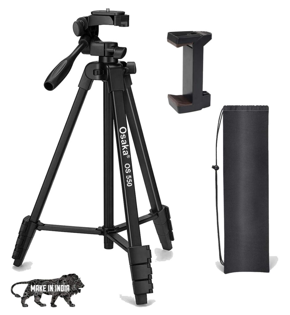 Osaka OS 550 lightweight camera tripod with pan head, mobile holder, and carry pouch