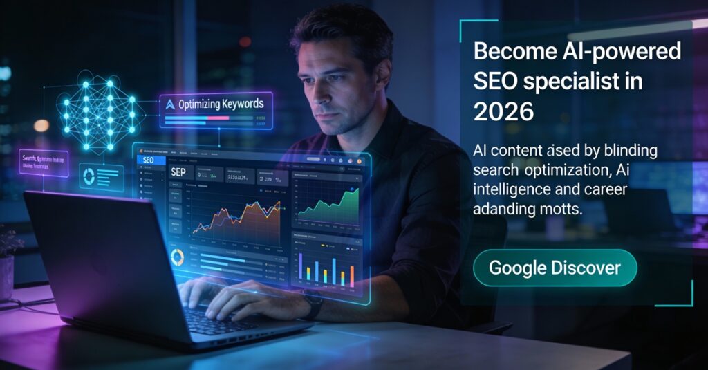 Confident SEO specialist at futuristic workspace with floating AI neural networks, SERP charts, keyword tools, and performance analytics—'Become an AI-Powered SEO Specialist' blog cover in neon blue tones".