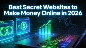 Glowing text reads "Best Secret Websites to Make Money Online in 2026" above a laptop with a colorful keyboard. Digital graphs and world map suggest online success.