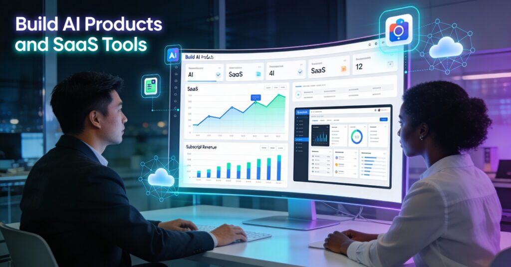 Two founders building AI SaaS products in futuristic workspace with glowing dashboards, subscription analytics, and neural network visuals