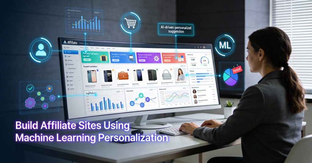 Sleek workspace with ultra-wide monitor showing ML-personalized affiliate site dashboard, recommendation engines, shopping carts, and revenue metrics—'Build Affiliate Sites Using Machine Learning Personalization'