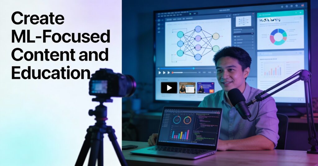 Professional educator in cinematic studio creating ML-focused content and education tutorials with glowing neural networks, code charts, mic, and camera—'Create ML-Focused Content and Education' blog feature image