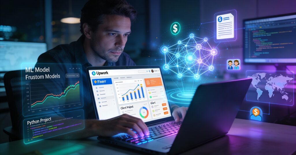 Focused tech expert at modern desk with holographic AI neural networks, Upwork gigs, data charts, and dollar symbols—'Freelance Machine Learning Services' blog cover in neon blue and teal cinematic lighting" (see the generated image above). This SEO-friendly version targets freelance ML searches while enhancing accessibility and Google Discover visibility.