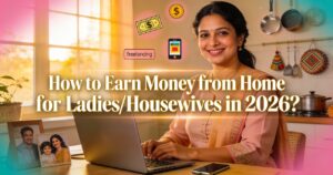 6 Real and Innovative Ways to Make Money with Machine Learning Smiling woman in a cozy kitchen, sitting at a table with a laptop. Text reads “How to Earn Money from Home for Ladies/Housewives in 2026?” Icons of money, freelancing, and mobile apps add context.