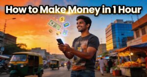 Smiling man on a busy city street at sunset, using a smartphone. Floating money and icons symbolize financial success. Text: "How to Make Money in 1 Hour."
