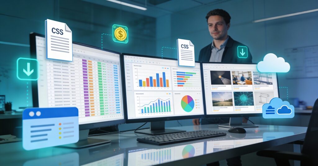 Modern data science workspace showcasing screens filled with organized datasets, colorful charts, CSV files, and transaction icons like digital downloads, representing the profitable concept of selling datasets for AI model training