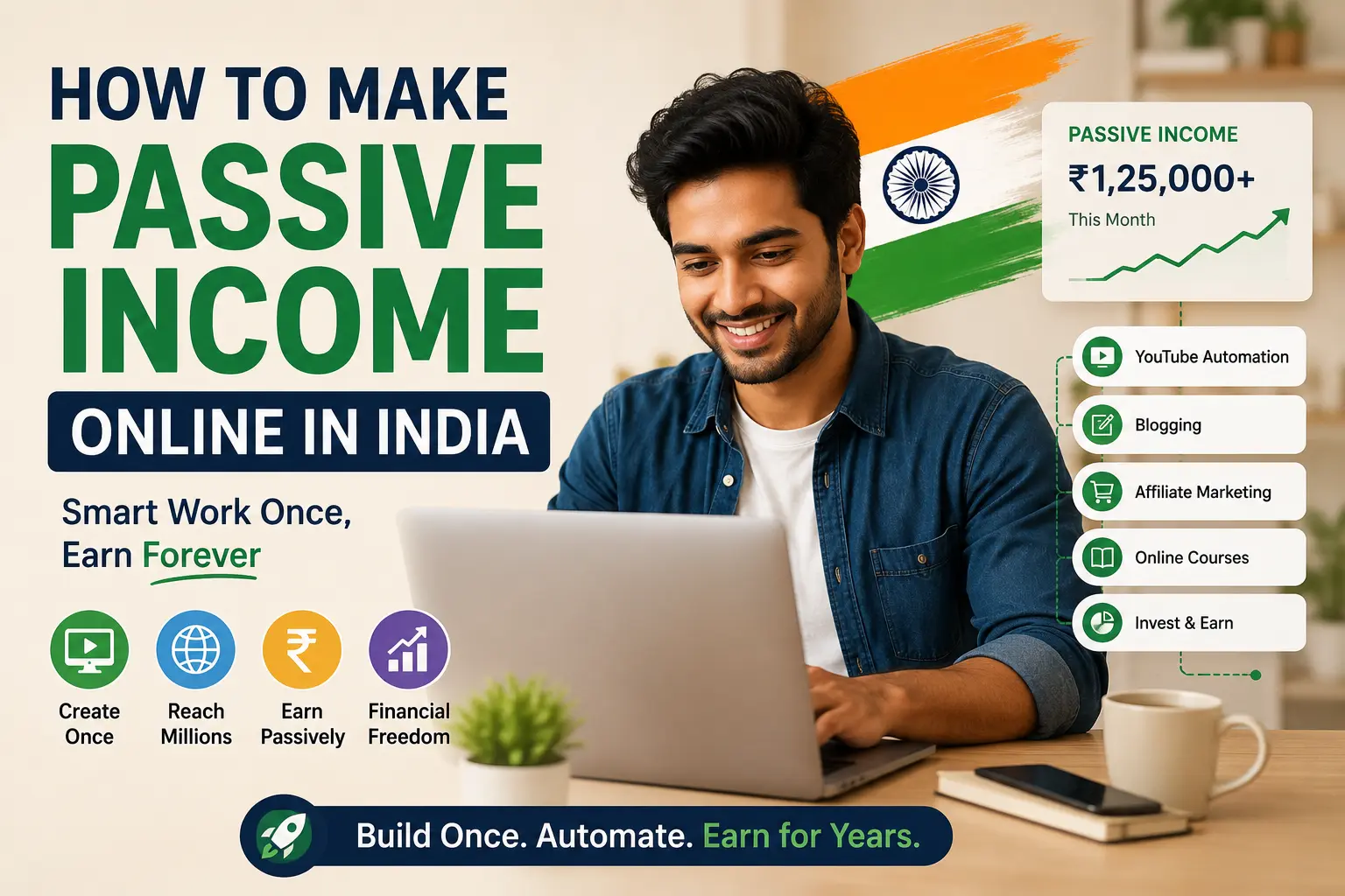 How to Make Passive Income Online in India featuring a man working on a laptop with passive income ideas like blogging, affiliate marketing, YouTube automation, online courses, and investing.