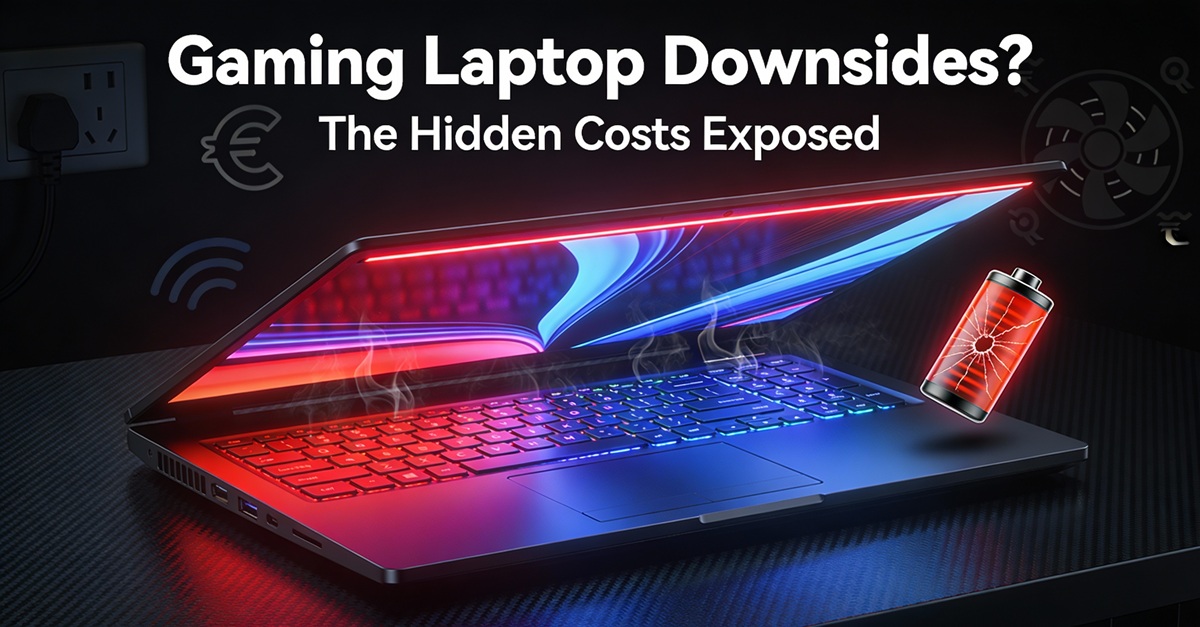 A sleek gaming laptop emits red and blue light, with steam rising. Symbols of Wi-Fi, cost, and battery suggest hidden downsides. Text reads "Gaming Laptop Downsides? The Hidden Costs Exposed.