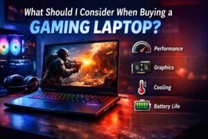 A gaming laptop on a desk shows a soldier in action on its screen. Text highlights key features: performance, graphics, cooling, and battery life.