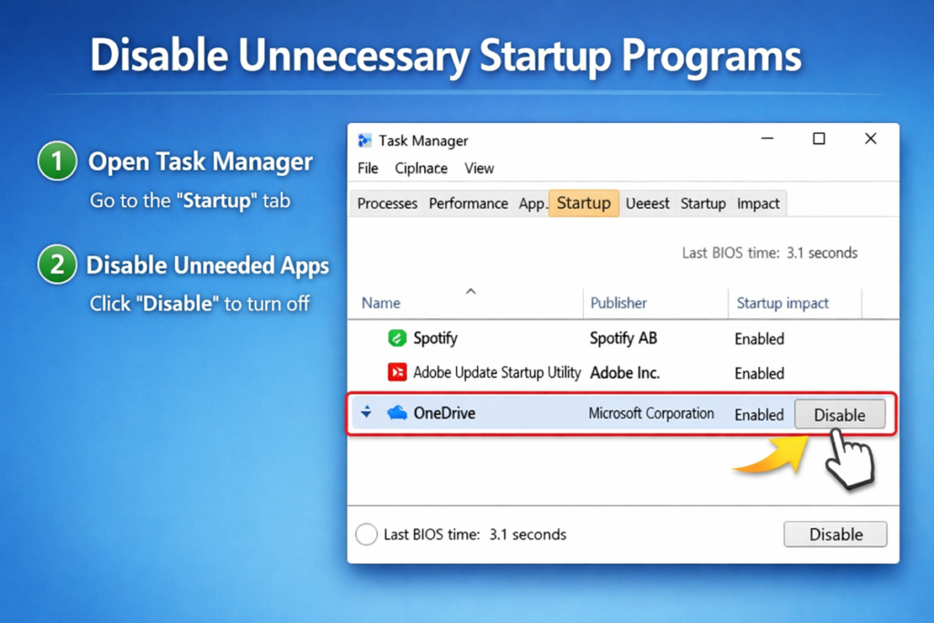 Disable unnecessary startup programs in Windows Task Manager to reduce laptop fan noise