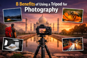 DSLR camera mounted on a tripod facing the Taj Mahal at sunset, illustrating stability, long exposure, macro, product, and night photography benefits.