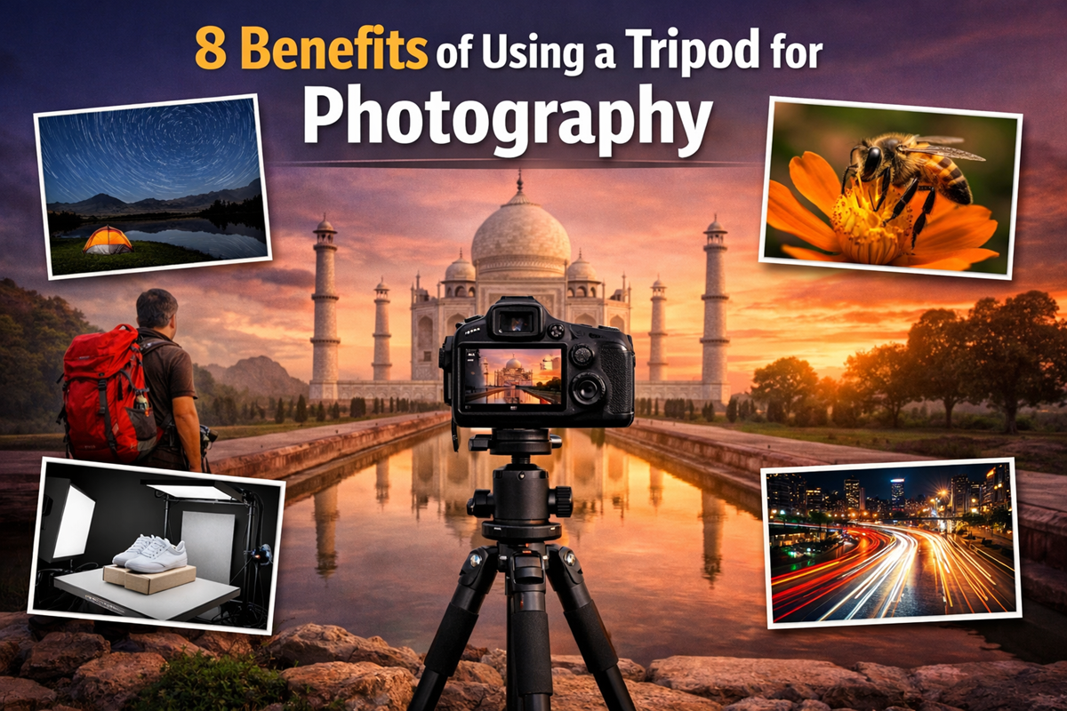 DSLR camera mounted on a tripod facing the Taj Mahal at sunset, illustrating stability, long exposure, macro, product, and night photography benefits.