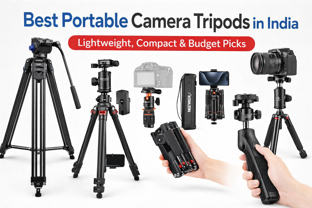 Collection of lightweight and compact portable camera tripods with DSLR and smartphone setups, highlighting the best budget travel tripods in India