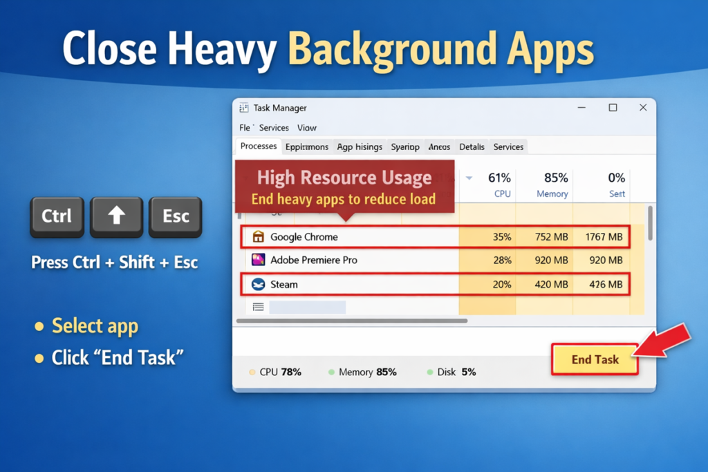 Close heavy background apps using Task Manager to reduce laptop fan noise and CPU usage