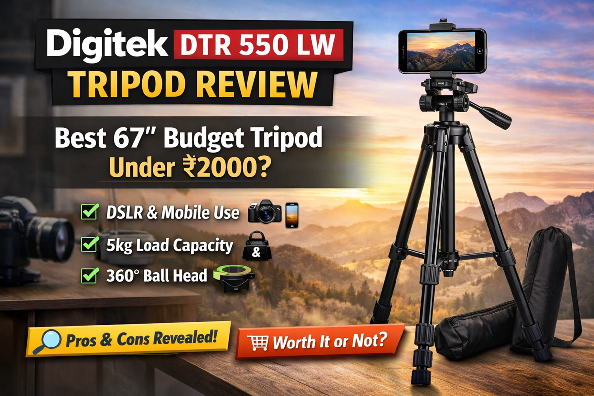 Digitek DTR 550 LW tripod review feature image showing 67 inch foldable tripod with DSLR and mobile support, 5kg load capacity and 360 degree ball head