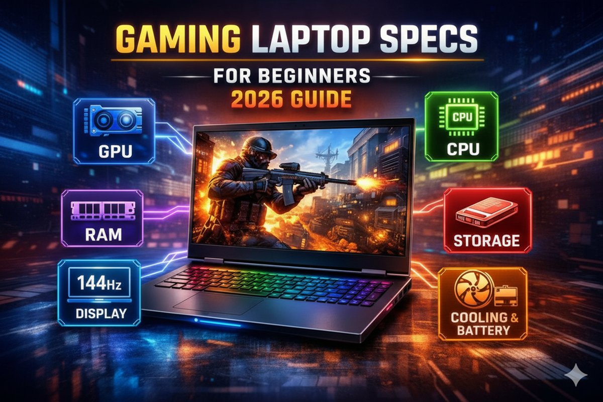 Gaming laptop with labeled hardware components including GPU, CPU, RAM, SSD storage, high refresh rate display, and cooling system explaining gaming laptop specs for beginners.