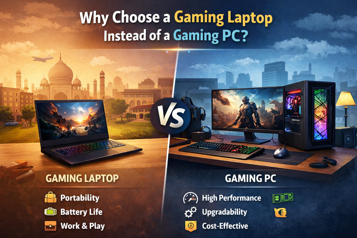 Comparison of a gaming laptop and gaming PC highlighting portability, battery life, work use vs high performance, upgradability, and cost-effectiveness for Indian buyers