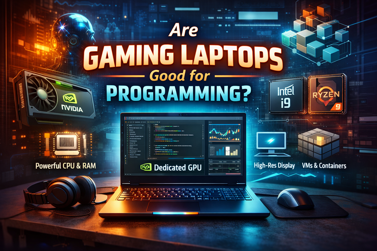 Gaming laptop displaying programming code with icons showing powerful CPU, dedicated GPU, high-resolution display, and virtual machine support highlighting gaming laptops for programming.