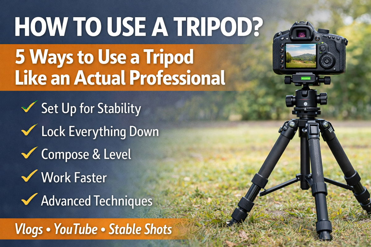 DSLR camera mounted on tripod demonstrating how to use a tripod with five professional setup techniques for stable vlogging, YouTube videos, and video recording