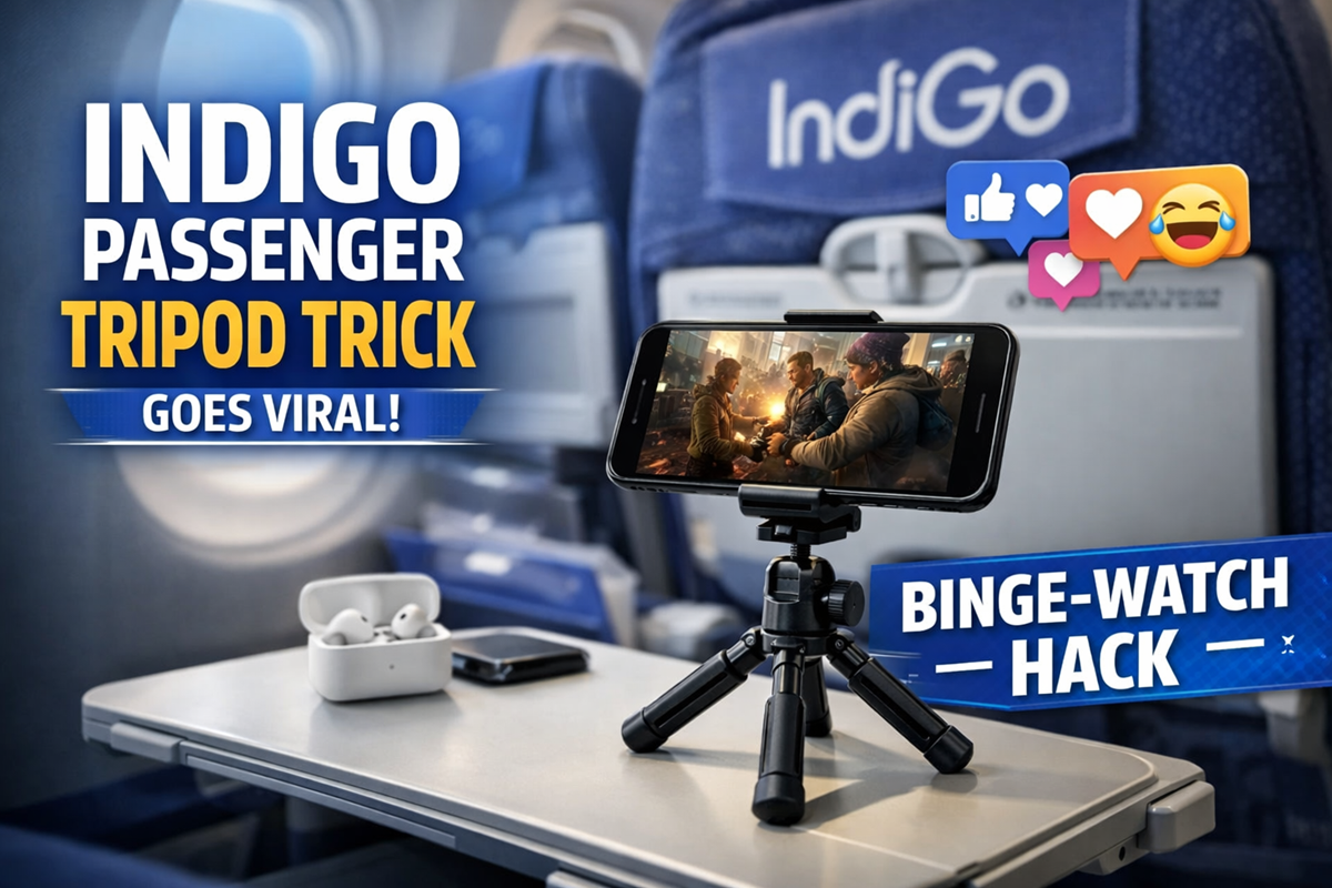 Passenger uses a compact tripod on an IndiGo flight tray table to watch movies hands-free at eye level, showcasing a viral in-flight entertainment hack.