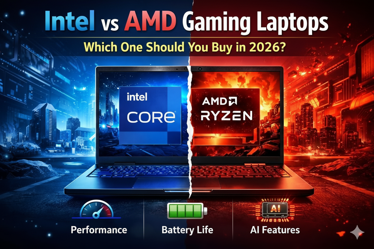Comparison image showing Intel Core and AMD Ryzen gaming laptops highlighting performance, battery life, and AI feature differences in 2026