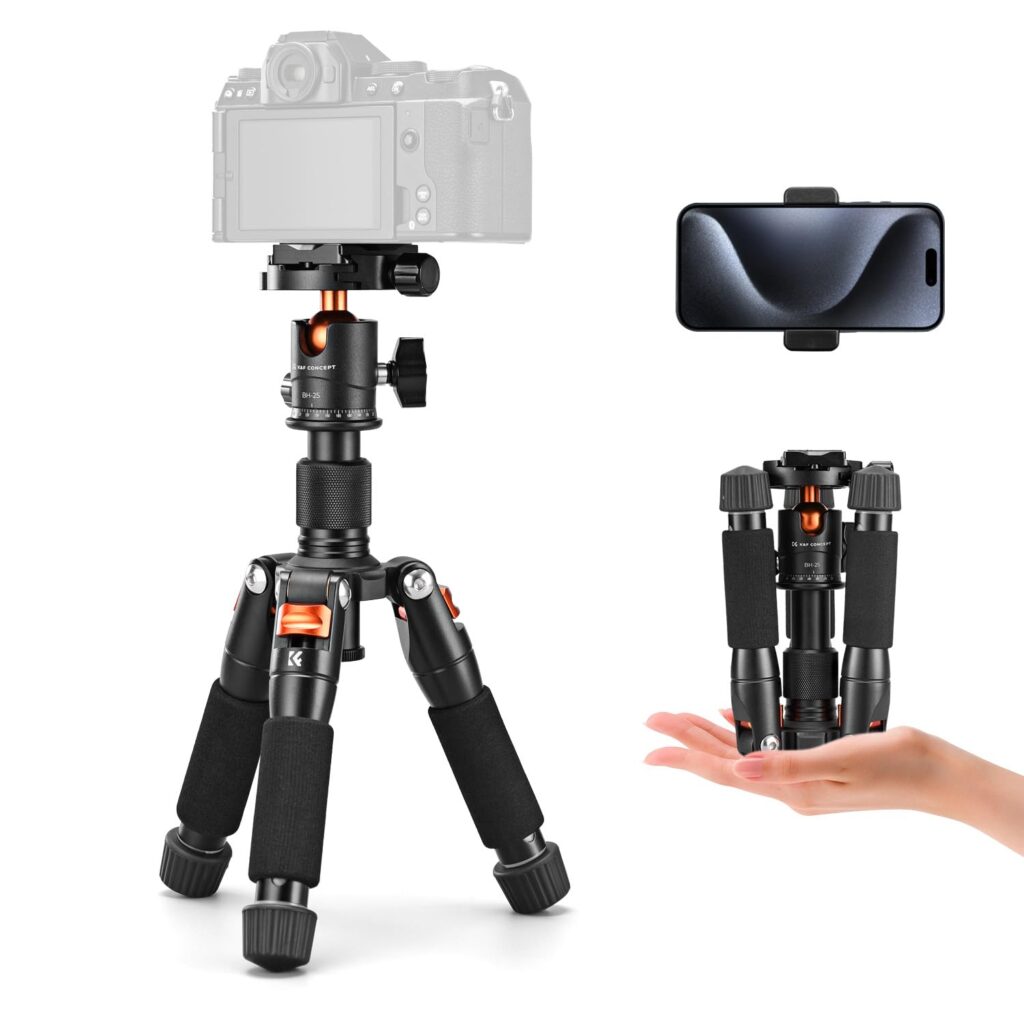 K&F Concept mini desktop portable camera tripod with ball head and foldable compact design for tabletop photography, vlogging, and travel use