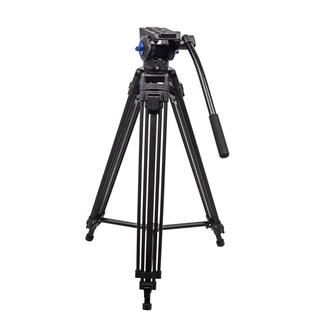 Heavy-duty portable camera tripod with pan handle and adjustable legs for DSLR photography and video shooting