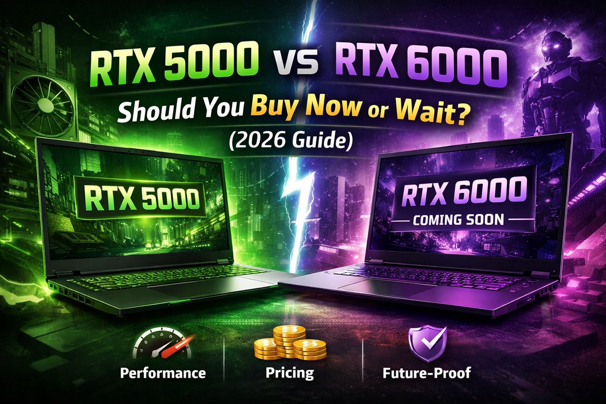 RTX 5000 vs RTX 6000 gaming laptop comparison showing two high-performance laptops with performance, pricing, and future-proof gaming decision concept for 2026 buyers.