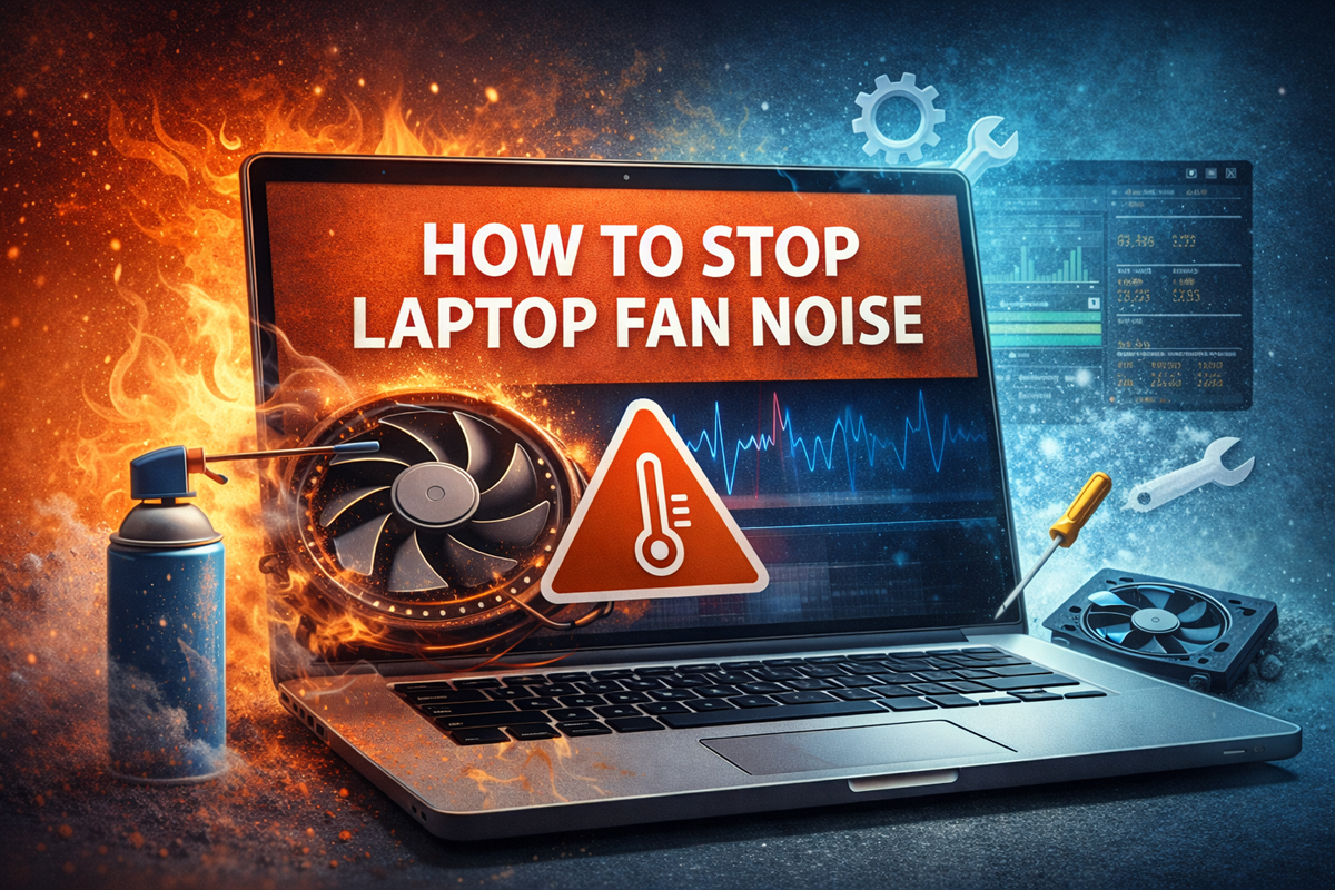 High-quality digital illustration of a laptop with visible overheating indicators, a large fan, compressed air can, and tools around it, highlighting methods to stop laptop fan noise and improve cooling.