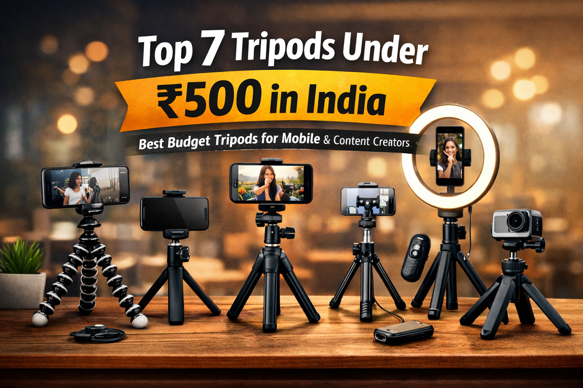 Best tripods under ₹500 in India showing budget mobile tripod stands including mini, gorilla, and selfie stick tripod options for vlogging and content creation