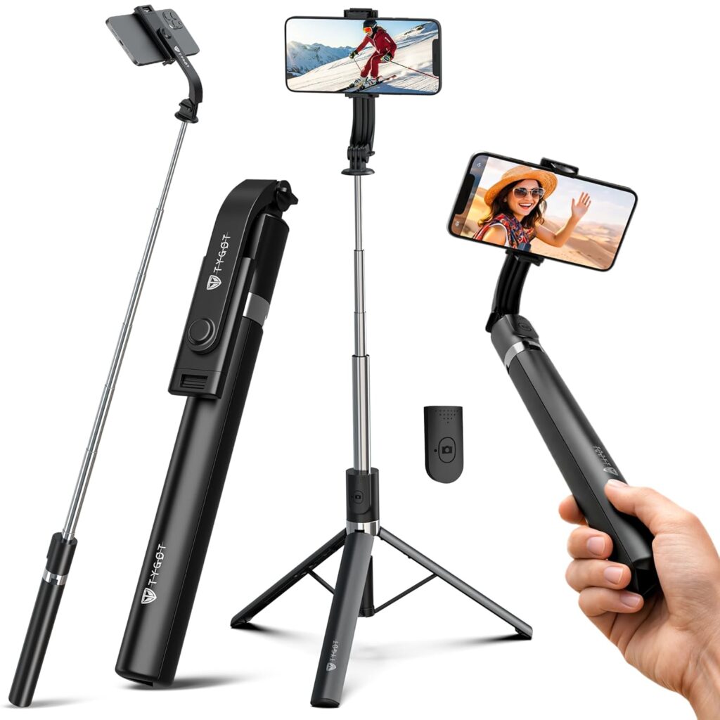 Tygot T9 3-in-1 selfie stick tripod with extendable rod, Bluetooth remote, and smartphone mount showing tripod and handheld modes