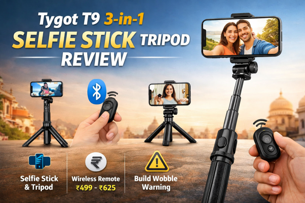 Tygot T9 3-in-1 Selfie Stick Tripod with Bluetooth remote showing tripod and selfie stick modes for smartphone vlogging and reels