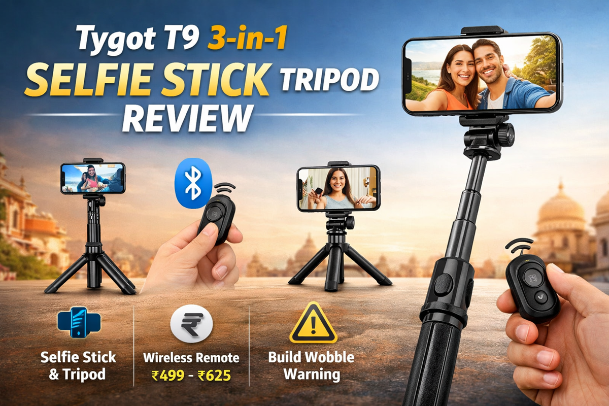 Tygot T9 3-in-1 Selfie Stick Tripod with Bluetooth remote showing tripod and selfie stick modes for smartphone vlogging and reels