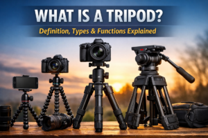 Different types of camera tripods including photography tripod, video tripod, and flexible mini tripod displayed with cameras