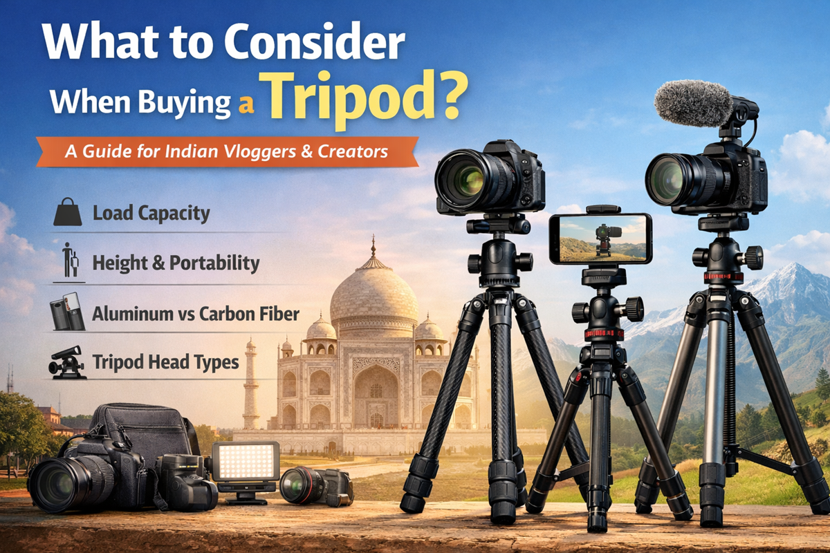 Guide showing key factors to consider when buying a tripod including load capacity, height, aluminum vs carbon fiber material comparison, and tripod head types for smartphone and camera vlogging in India