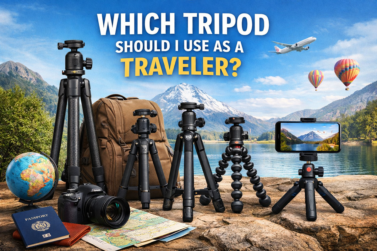 Lightweight travel tripods for travel photography and vlogging with backpack, camera, and travel essentials background