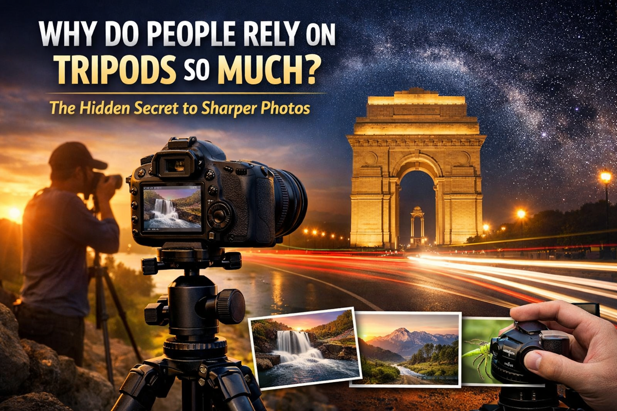DSLR camera mounted on tripod capturing long exposure light trails and sharp landscape photos, showing why people rely on tripods for stability and image sharpness